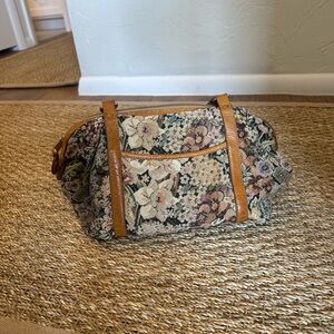 Floral Tapestry Bag with Tan Leather Accents